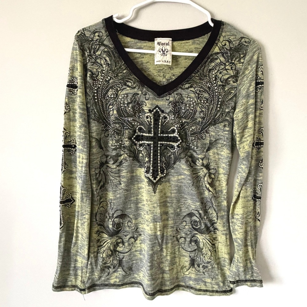 Vocal Long Sleeve Cross Graphic Rhinestone Embellished Top Green Grey S Rock Y2K